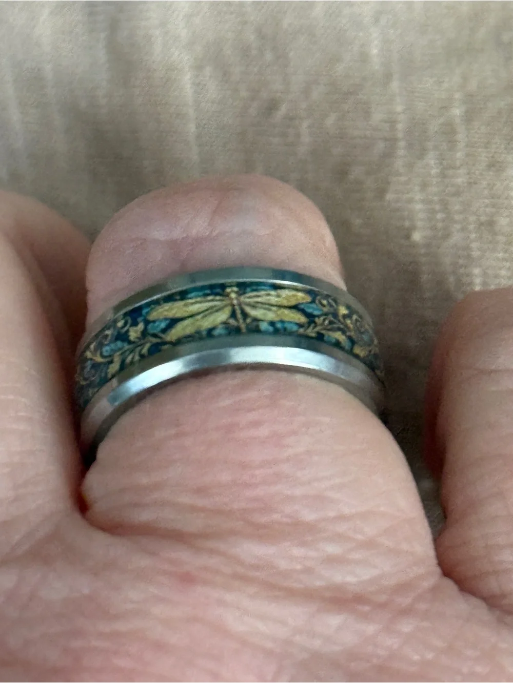 Blue and Gold Dragonfly Inlay Band Ring